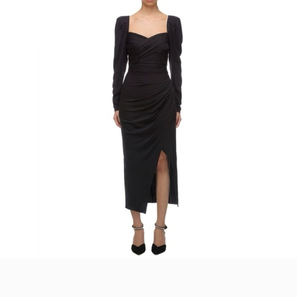 Self-Portrait Black Ruched Long Sleeve Midi Dress Slit | US 4 UK 8